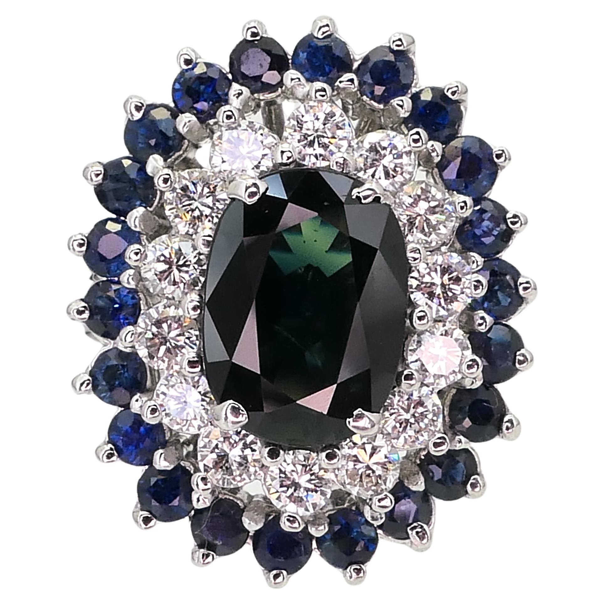 14k White Gold Oval Natural Blue Sapphire & Diamond Ballerina Ring 10.2g i15380 For Sale
