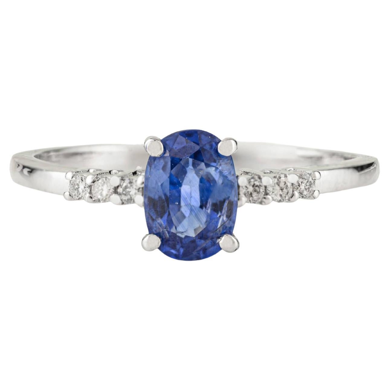 Bague solitaire pour femme en or blanc 14K, saphir bleu naturel ovale et diamant