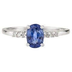 Bague solitaire pour femme en or blanc 14K, saphir bleu naturel ovale et diamant