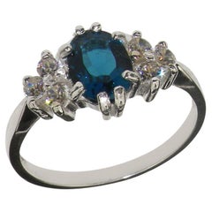 14k White Gold Oval Natural London Blue Topaz with Diamond Cluster Ring
