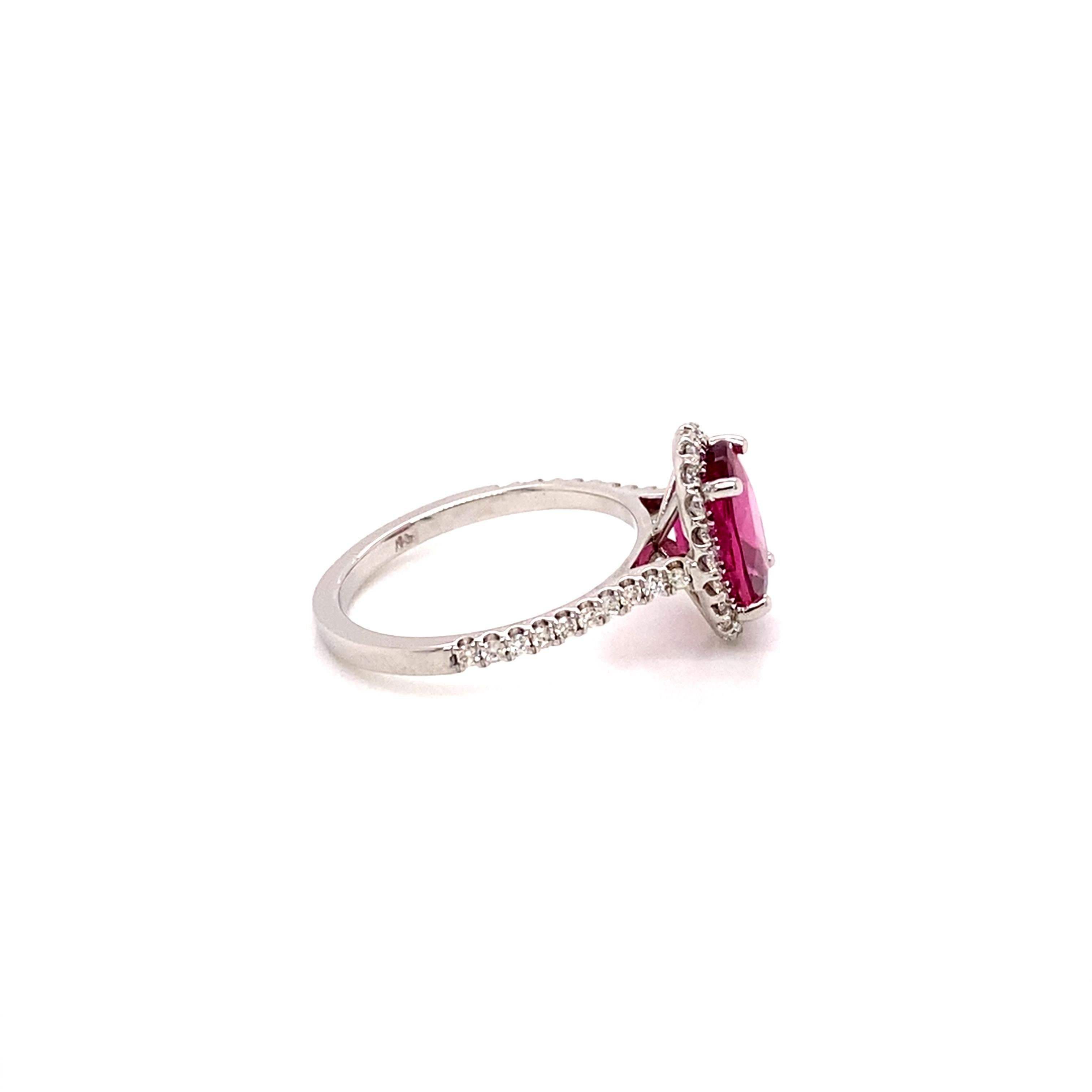 14 Karat White Gold Oval Pink Tourmaline Diamond Halo Ring In New Condition For Sale In New York City, NY