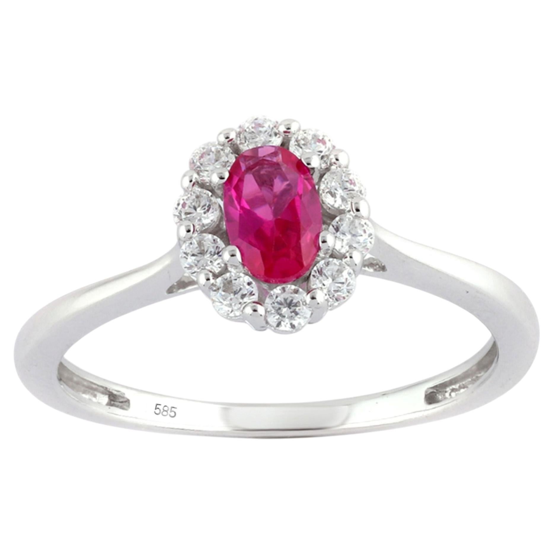14K White Gold Oval Ruby And Round Diamond Halo Ring