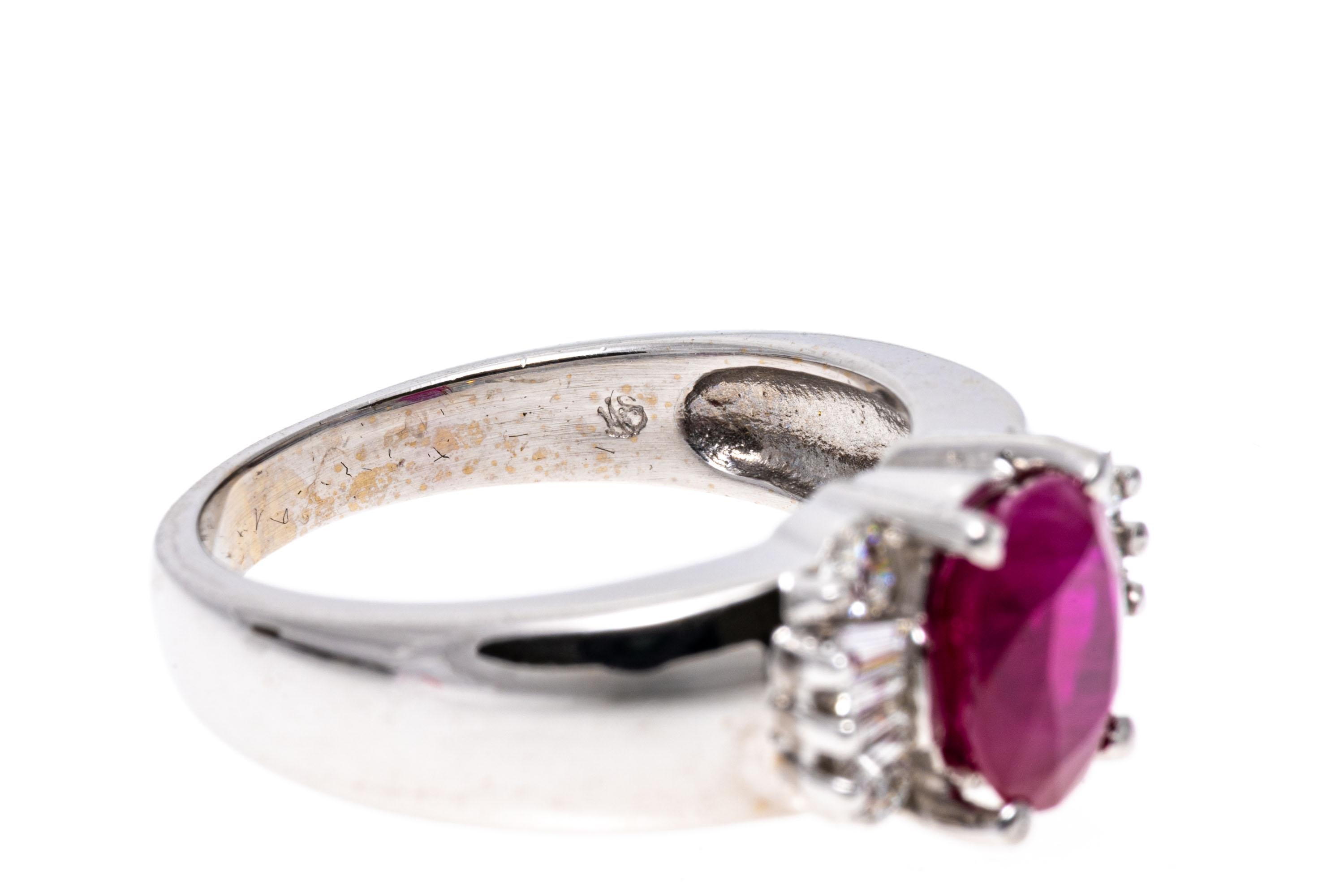 Oval Cut 14k White Gold Oval Ruby, Baguette and Round Brilliant Diamond Ring For Sale