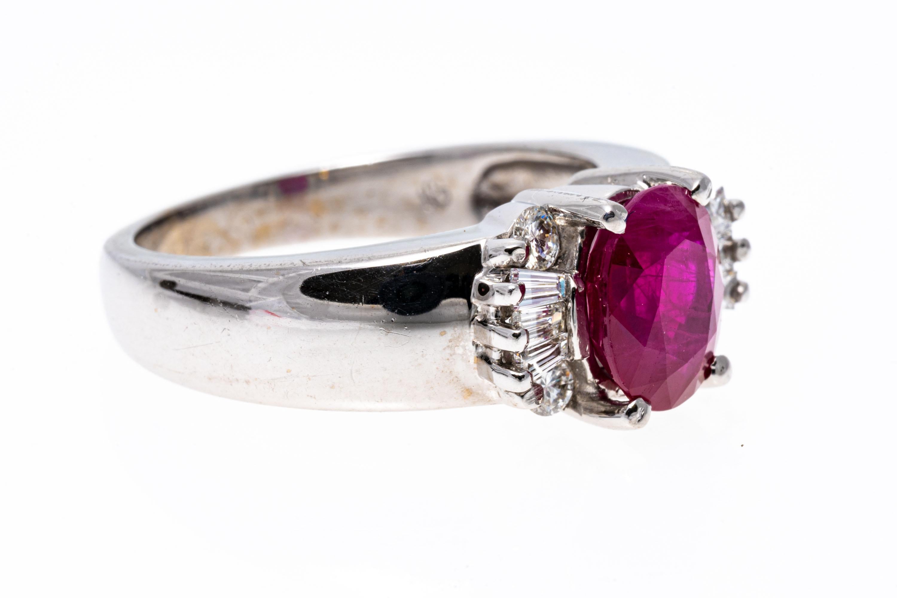 14k White Gold Oval Ruby, Baguette and Round Brilliant Diamond Ring In Good Condition For Sale In Southport, CT