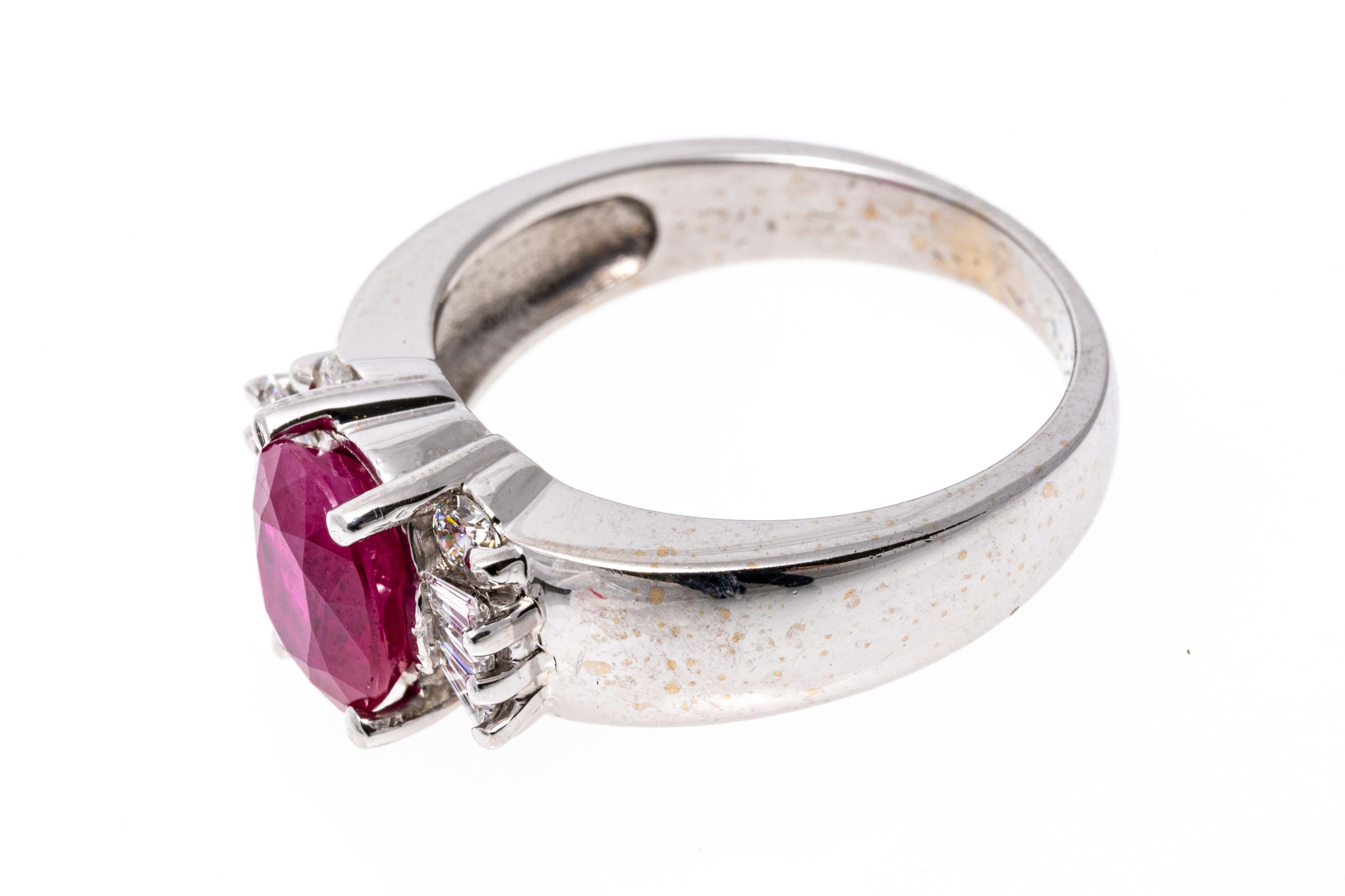 14k White Gold Oval Ruby, Baguette and Round Brilliant Diamond Ring For Sale 1
