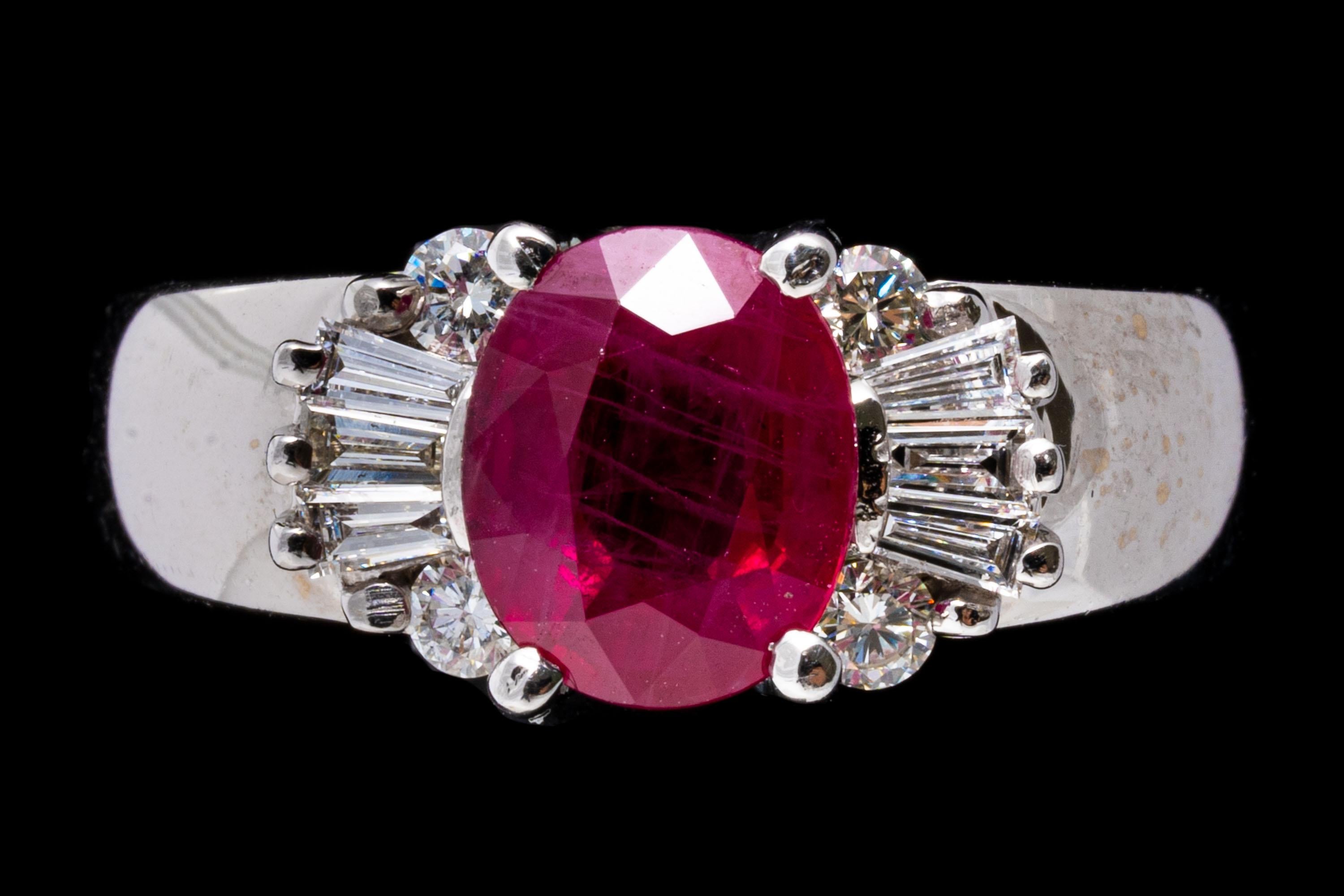 14k White Gold Oval Ruby, Baguette and Round Brilliant Diamond Ring For Sale 2