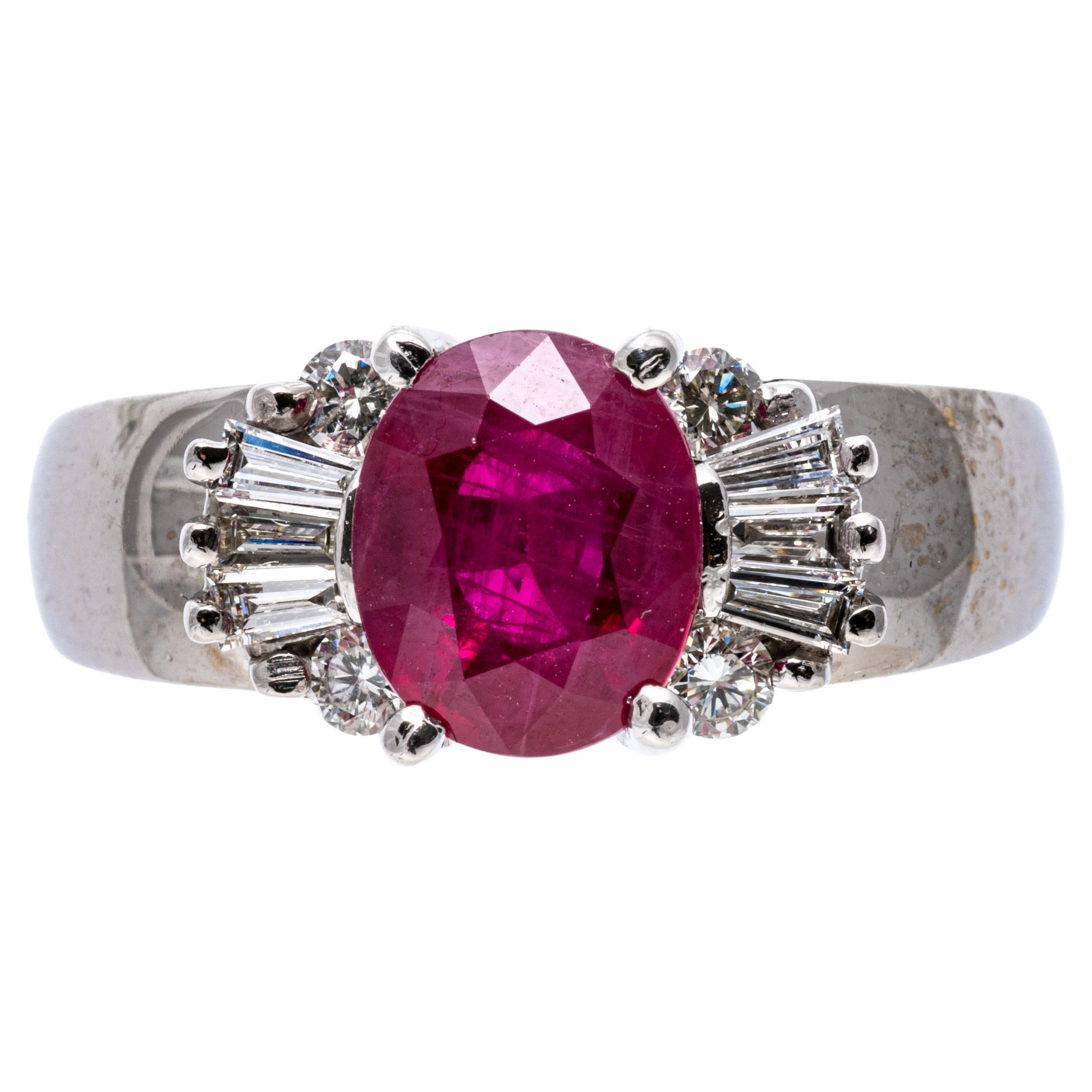 14k White Gold Oval Ruby, Baguette and Round Brilliant Diamond Ring For Sale