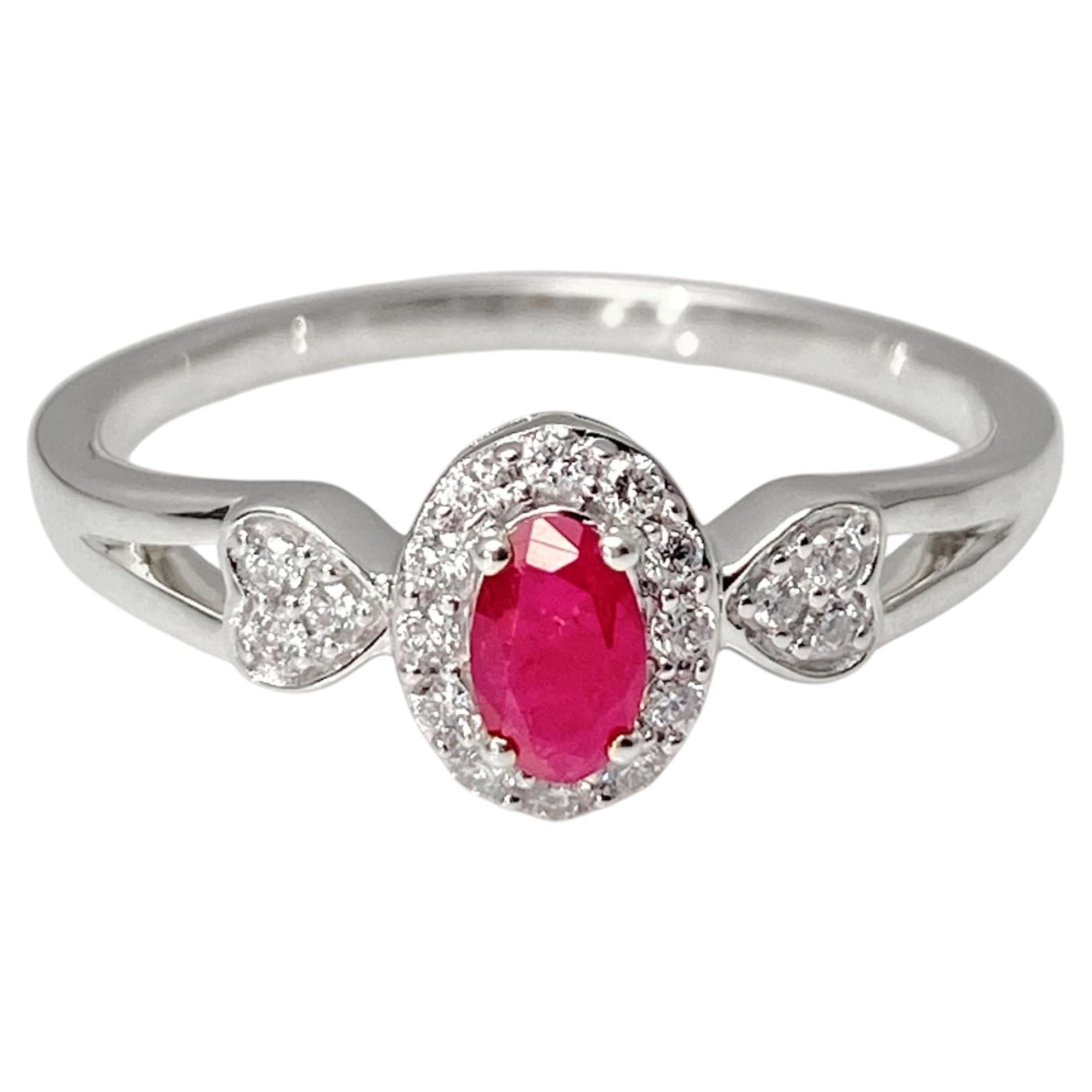 14K White Gold Oval Ruby Halo Ring with Diamond Heart Accents