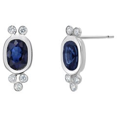 14K White Gold Oval Sapphire and Diamond Bezel Set Stud Earrings
