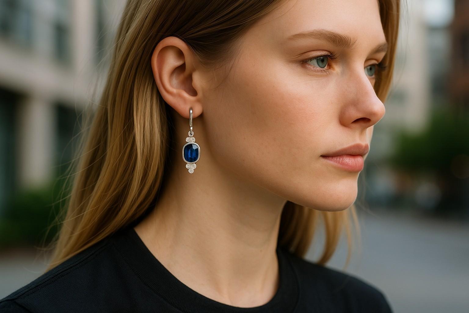 Sobres, sophistiquées et d'une élégance intemporelle, ces boucles d'oreilles en or blanc 14 carats mettent en valeur deux saphirs ovales aux teintes riches mesurant 7 x 5 mm et totalisant 1,75 carat. Encadrées par une cascade de 12 diamants ronds