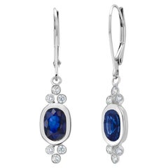 14K White Gold Oval Sapphire and Diamond Drop Earrings with Lever Backs