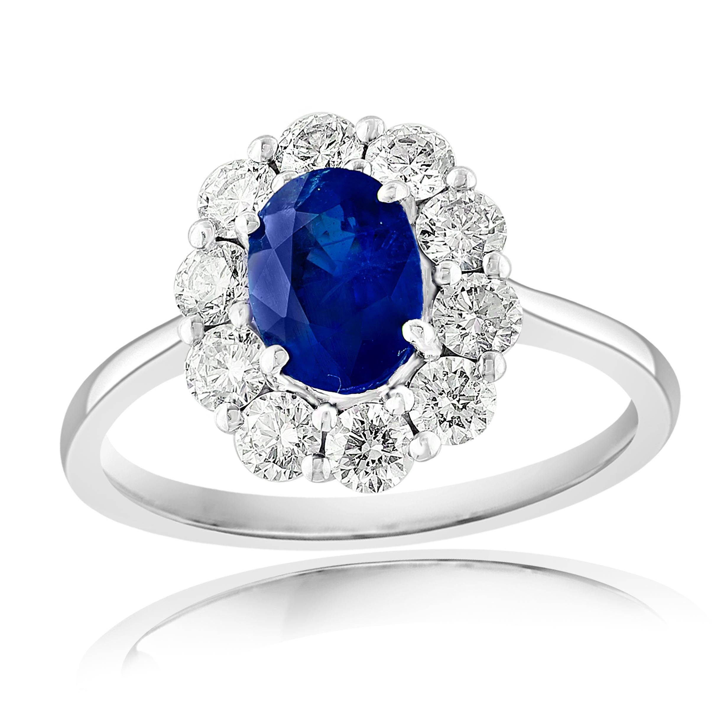-NATURAL 10-ROUND DIAMOND  0.83 CT TOTAL WEIGHT
GHSI1 quality

-5x7 OVAL CEYLON BLUE SAPPHIRE (NATURAL/ HEATED) 0.91CT (approx.)

14KWG

Featuring stunning shades of rich deep blue, this natural oval blue has been hand-selected and set in a halo