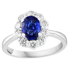 Bague de fiançailles halo en or blanc 14 carats, saphir ovale et diamant