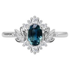 14k White Gold Oval Sapphire Diamond Love Swan Halo Engagement Ring