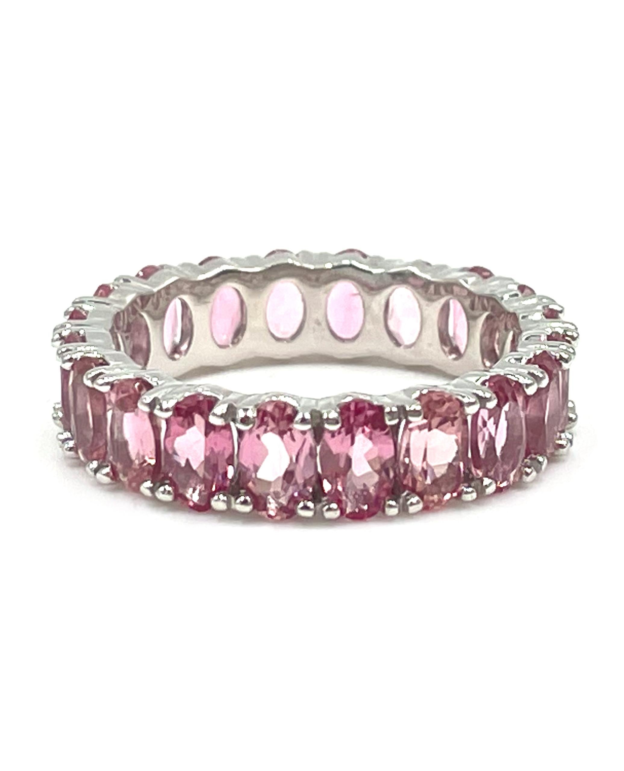 Contemporary 14K White Gold Oval Shape Pink Tourmaline Eternity Ring - 4.21 carats For Sale