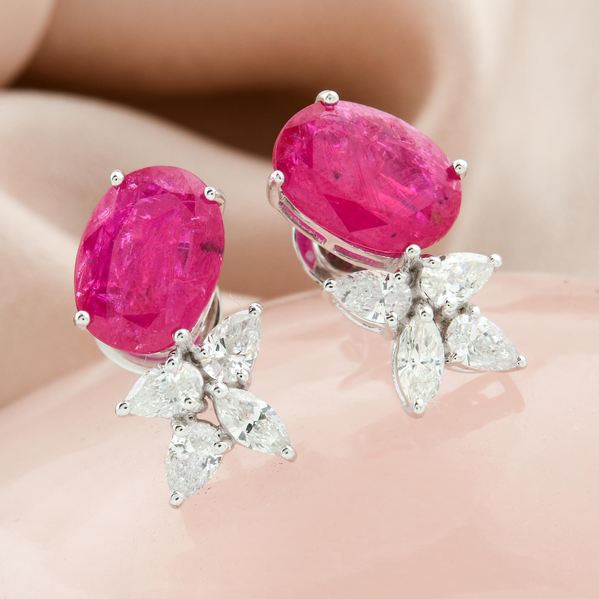 Modern 14k White Gold Oval Shape Ruby Gemstone Stud Earrings Diamond Pave Fine Jewelry For Sale