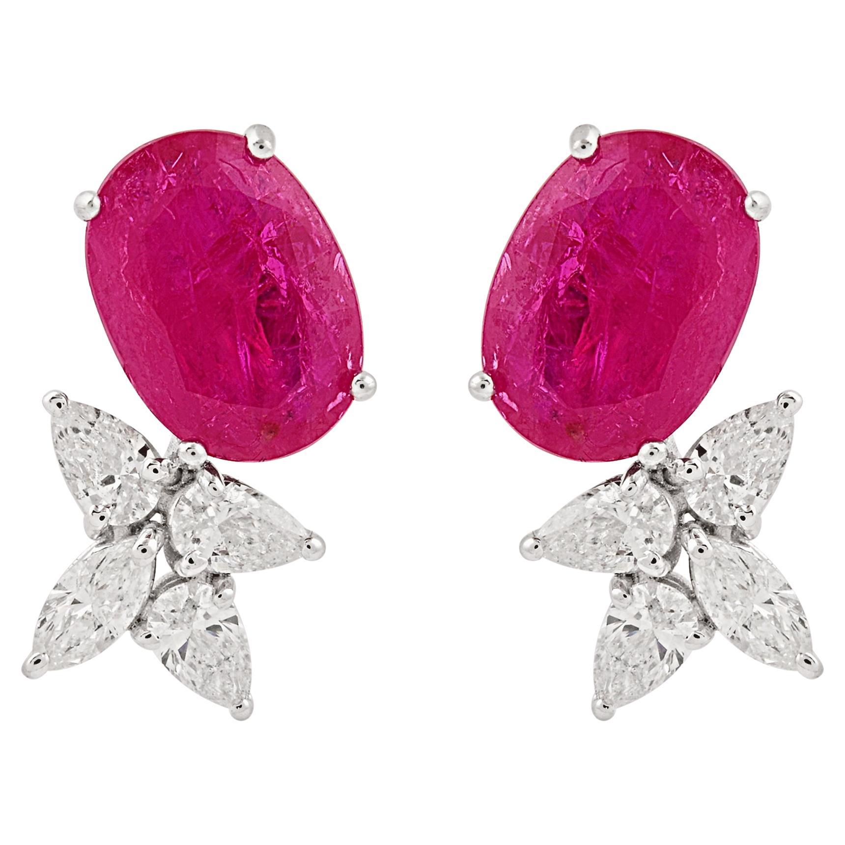 14k White Gold Oval Shape Ruby Gemstone Stud Earrings Diamond Pave Fine Jewelry For Sale