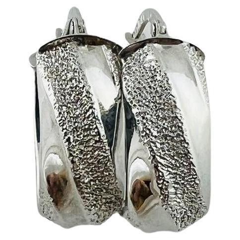 14K White Gold Oval Textured Hoop Earrings #16562 For Sale