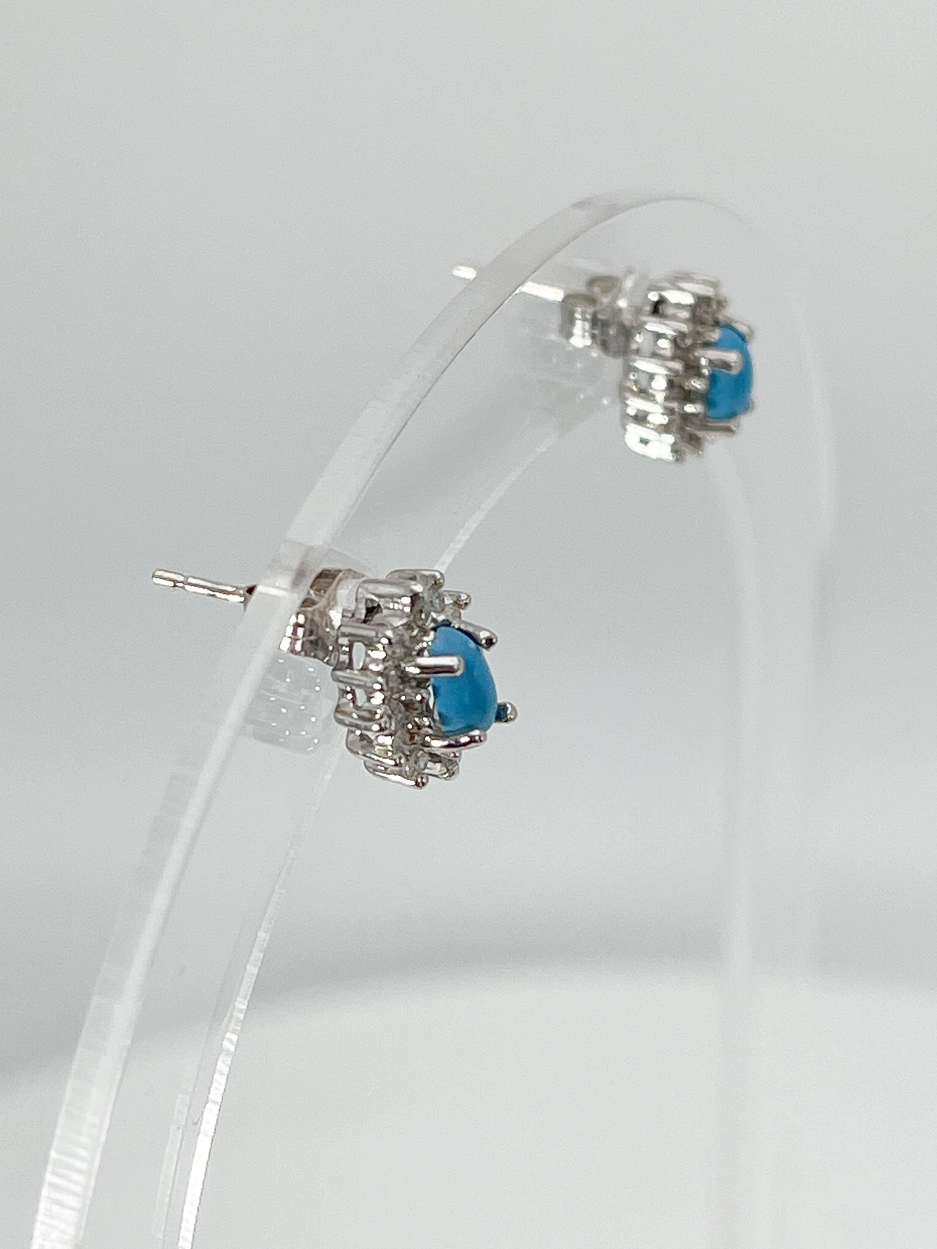 Oval Cut 14K White Gold Oval Turquoise and Diamond Stud Earrings For Sale