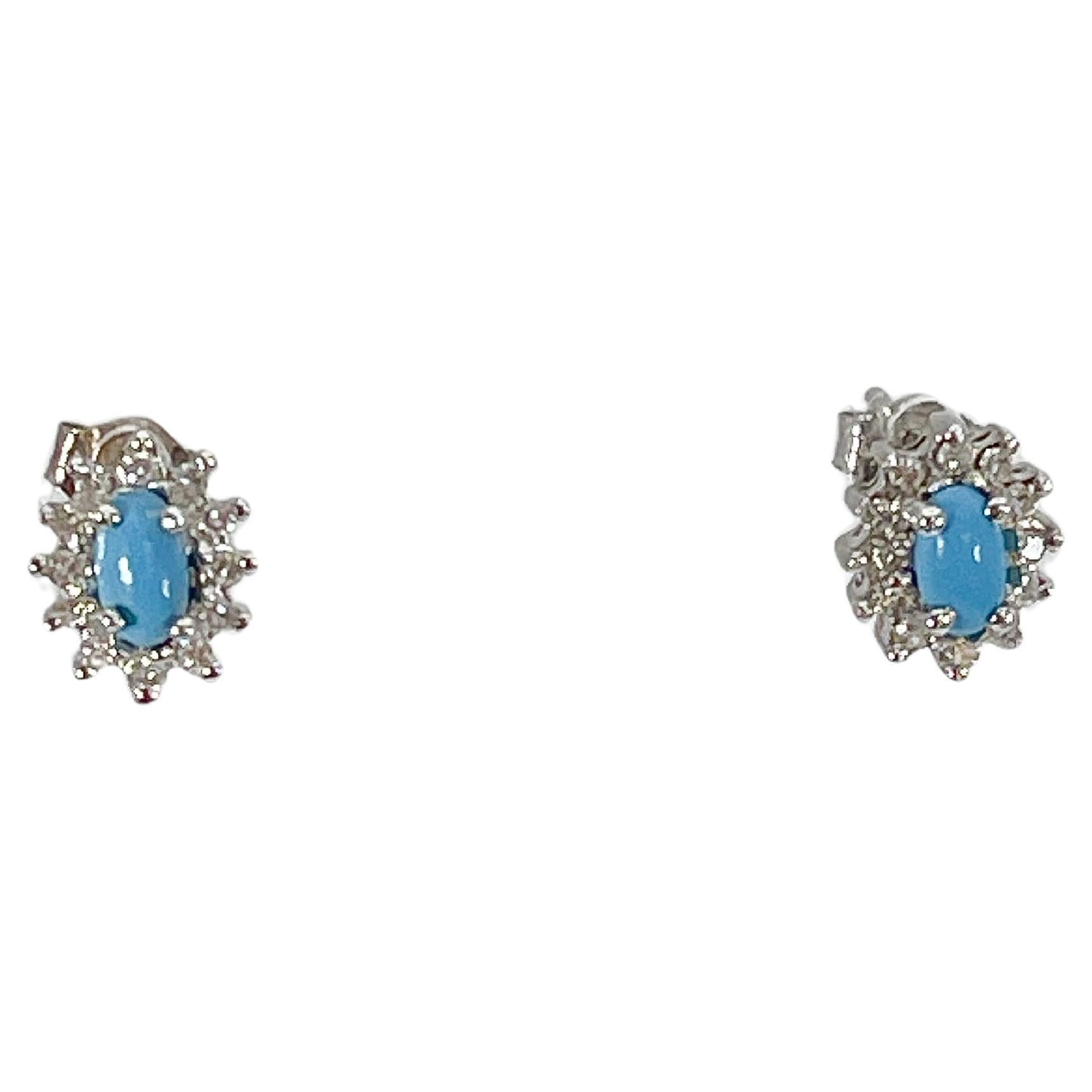 14K White Gold Oval Turquoise and Diamond Stud Earrings For Sale