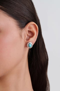 14K White Gold Oval Turquoise Cabochon & Diamond Halo Stud Earrings, 2.52ct