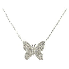 14k White Gold Pave 0.40ctw Diamond Butterfly Pendant Adjustable Necklace