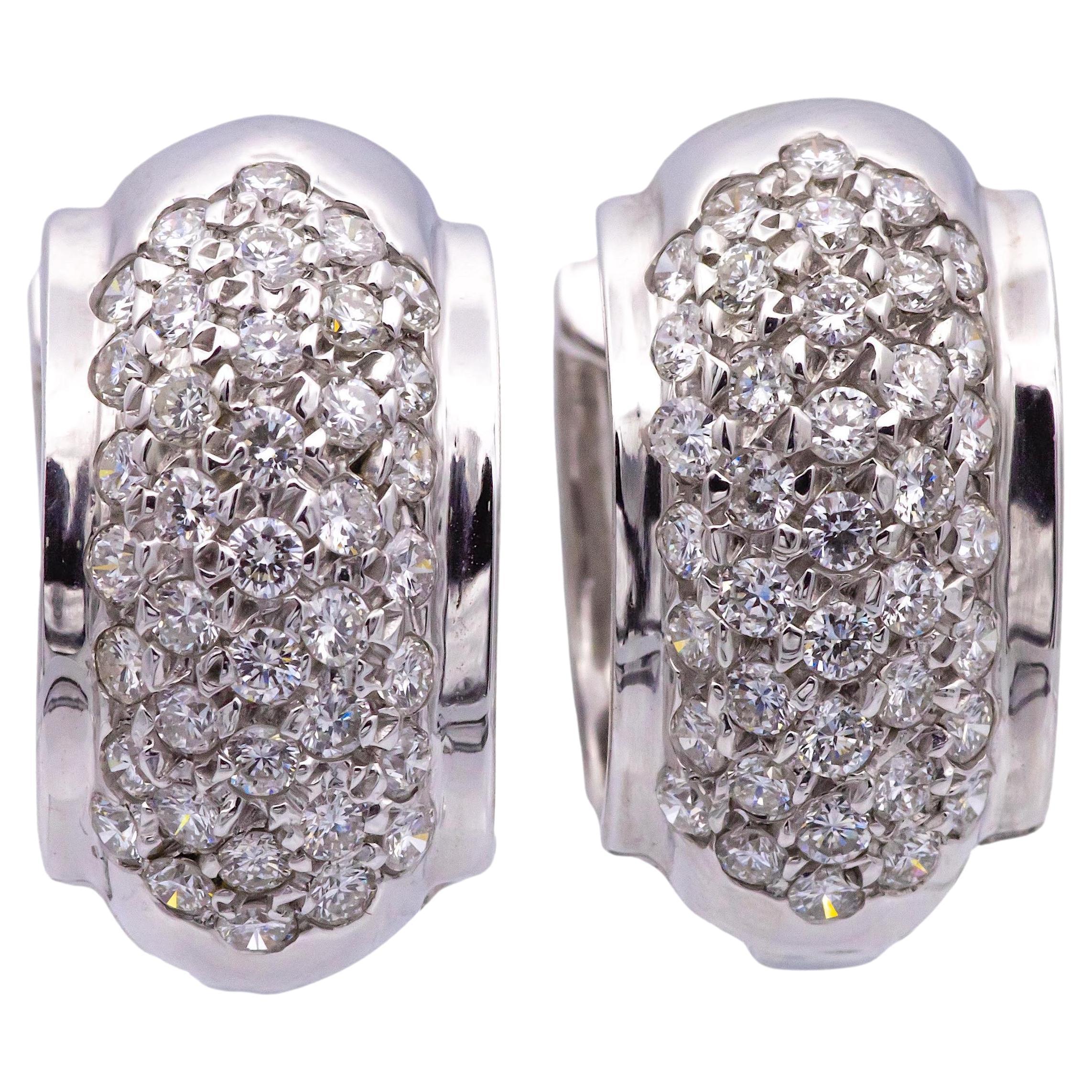 14K White Gold Pave 1.20ct Round Diamond Huggie Earrings For Sale