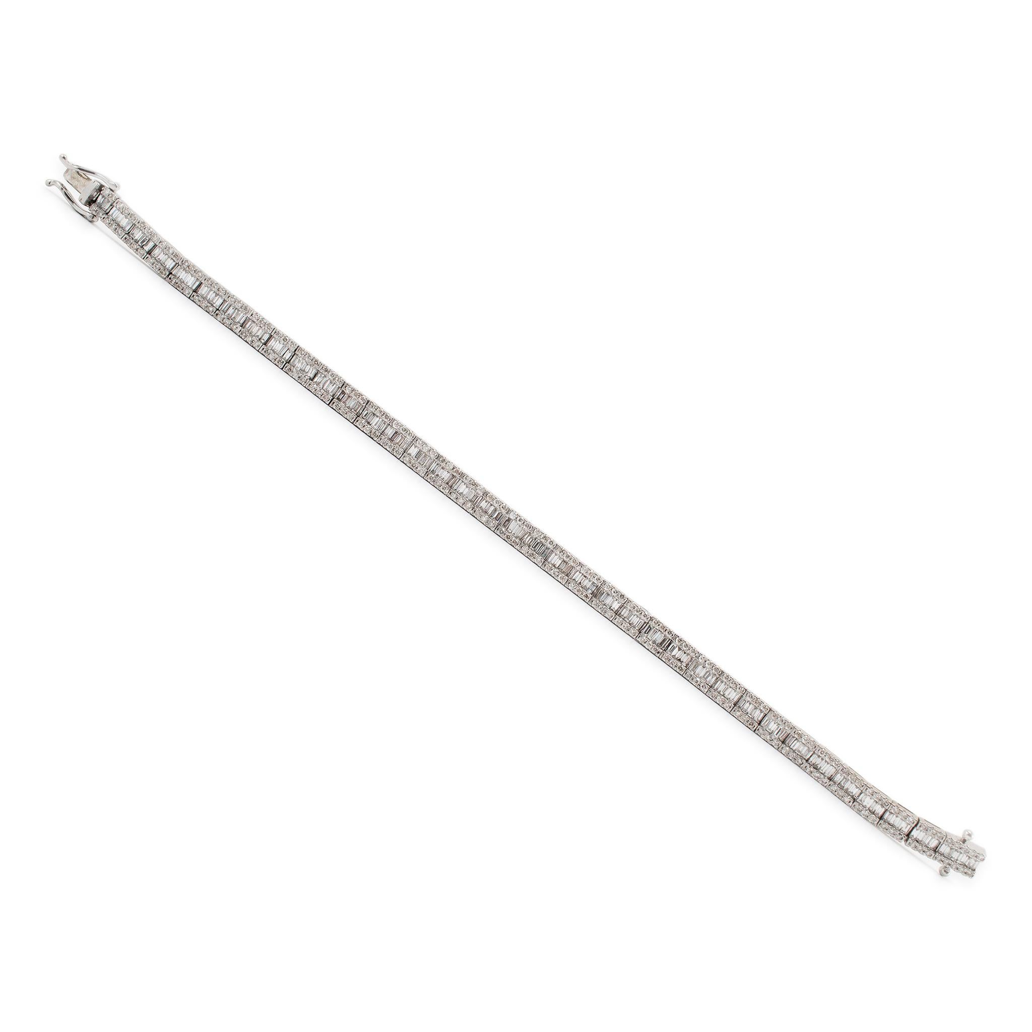 Metal Type: 14K White Gold

Length: 6.50 inches

Width: 4.75 mm

Weight: 14.40 grams

One 14K white gold diamond tennis bracelet. The metal was tested and determined to be 14K white gold.

Pre-owned In excellent condition. Might show minor signs of