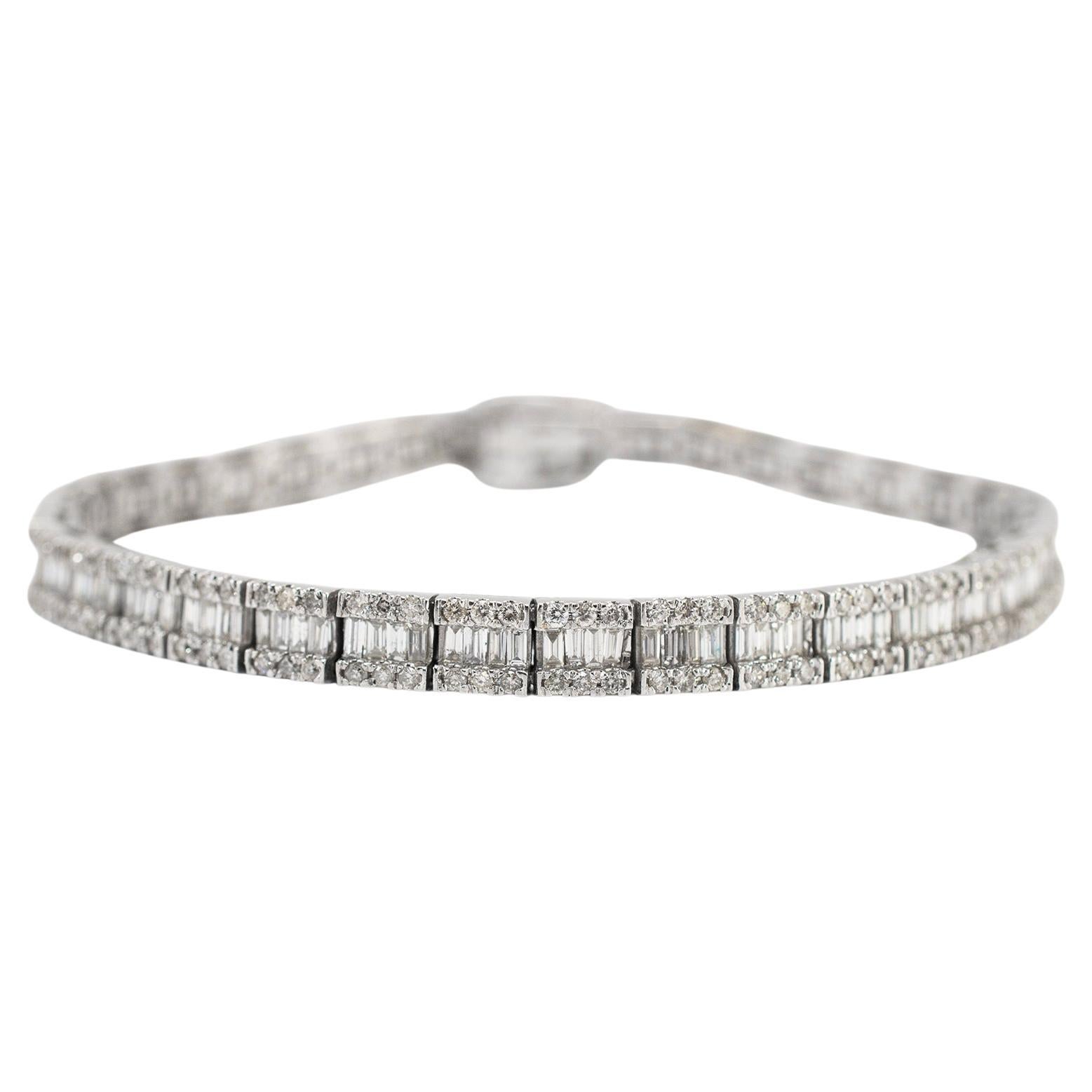 14K White Gold Pave 3.79ct Baguette & Round Diamond Tennis Bracelet