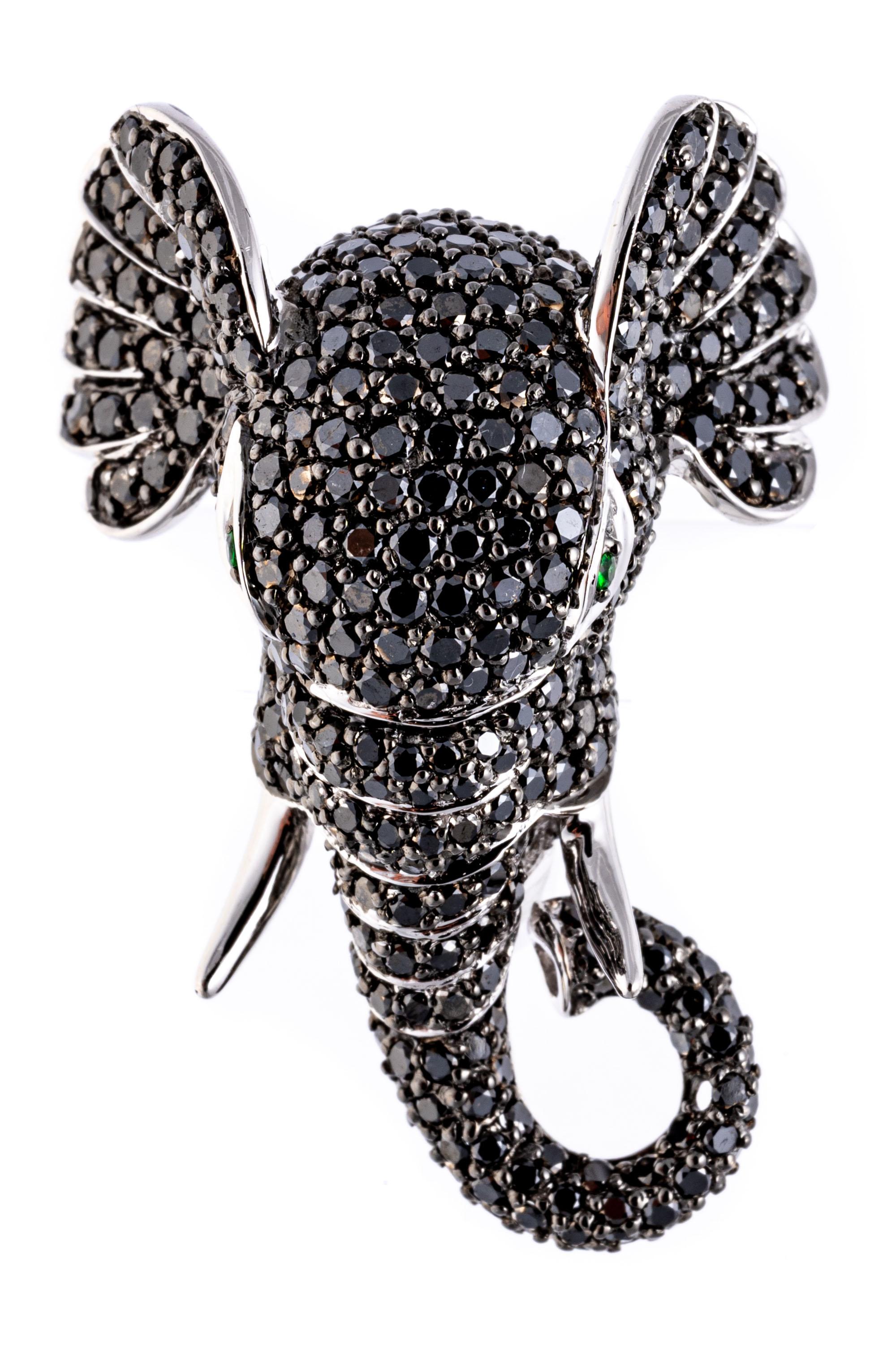 Contemporary 14k White Gold Pave Black Diamond Elephant Head Ring, App. 2.01 TCW