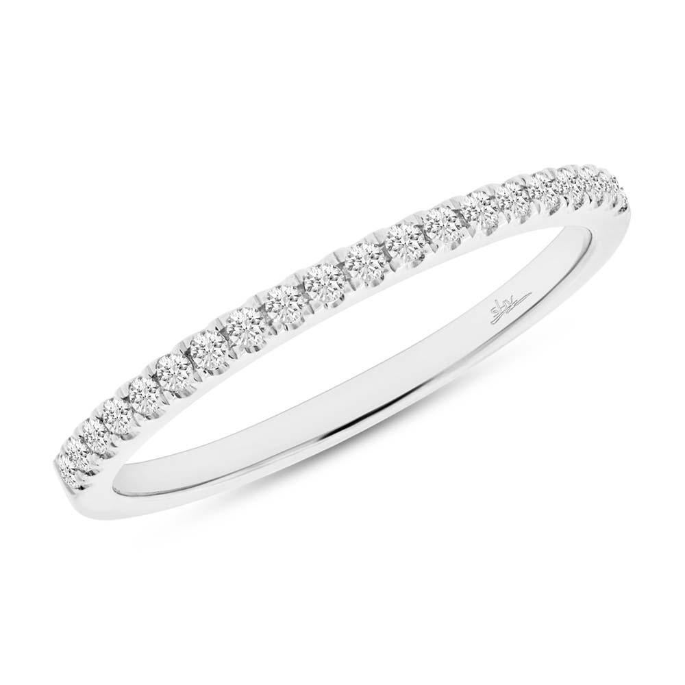 A simple 14K White Gold Pave Diamond  Ladies Band Ring.
Total diamond weight: 0.18cttw
Size: 7
Width: 20.5mm
Thickness: 1.8mm
Height: 1.5mm
