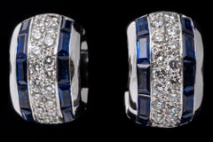 14k White Gold Pave Diamond and Channel Baguette Sapphire Huggie Earrings