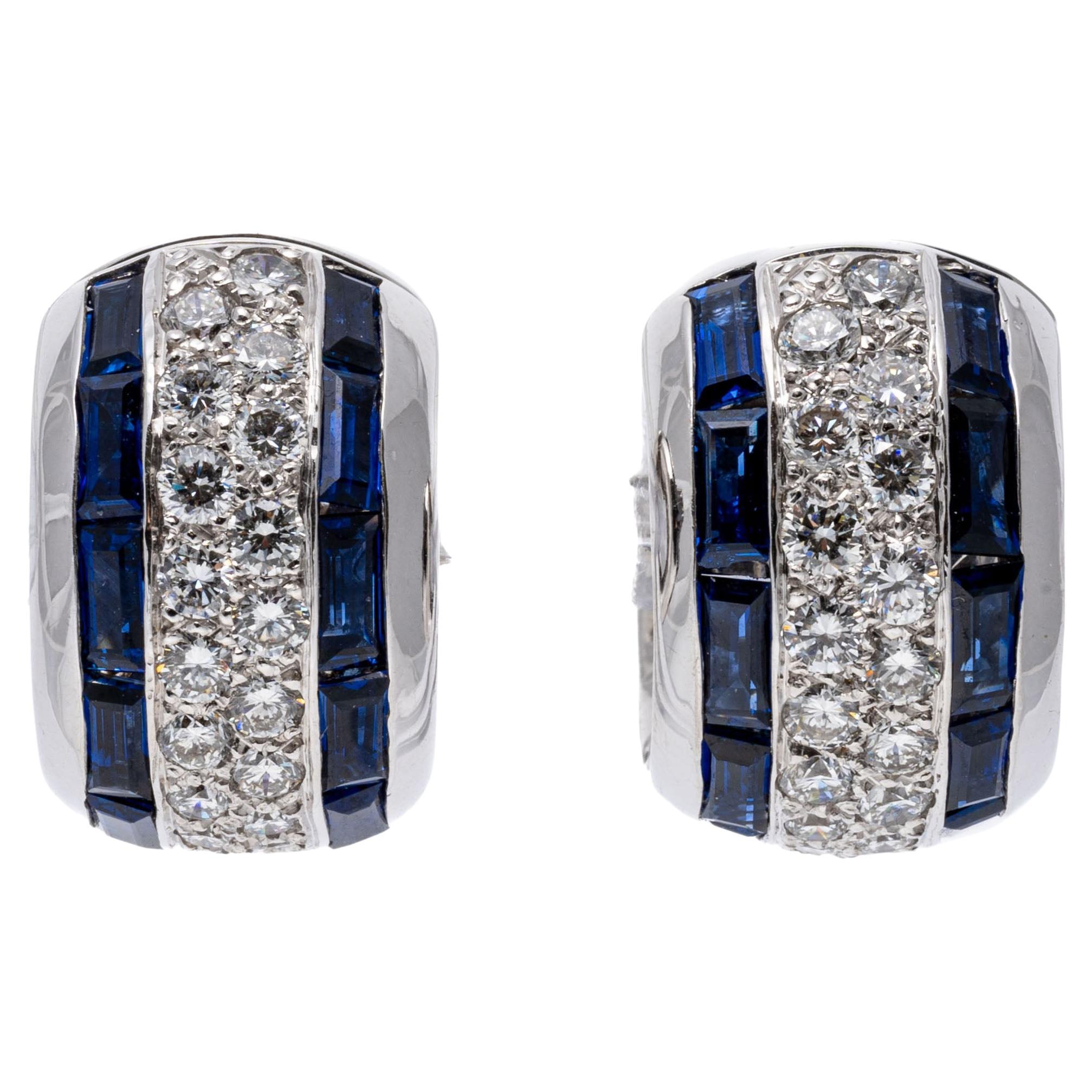 14k White Gold Pave Diamond and Channel Baguette Sapphire Huggie Earrings For Sale