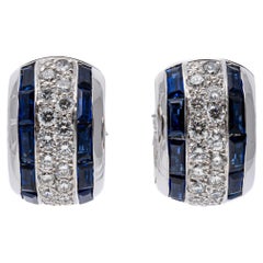 14k White Gold Pave Diamond and Channel Baguette Sapphire Huggie Earrings