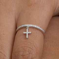14k White Gold Pave Diamond Cross Charm Delicate Ring Jewelry