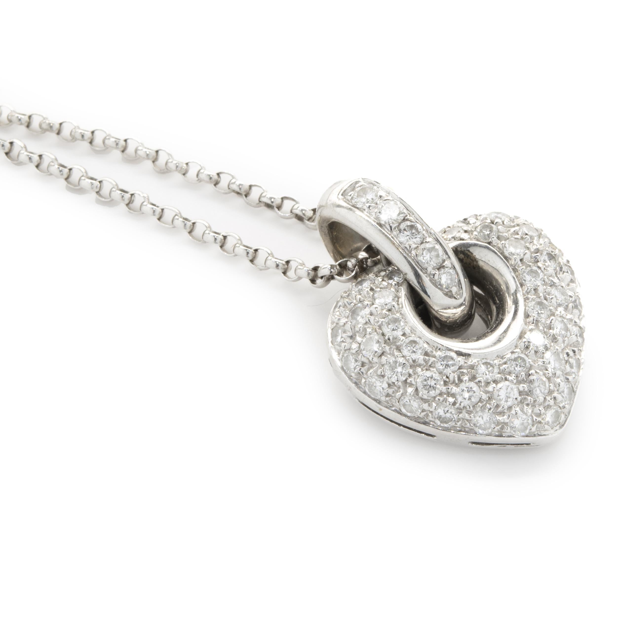 Round Cut 14k White Gold Pave Diamond Heart Pendant Necklace For Sale