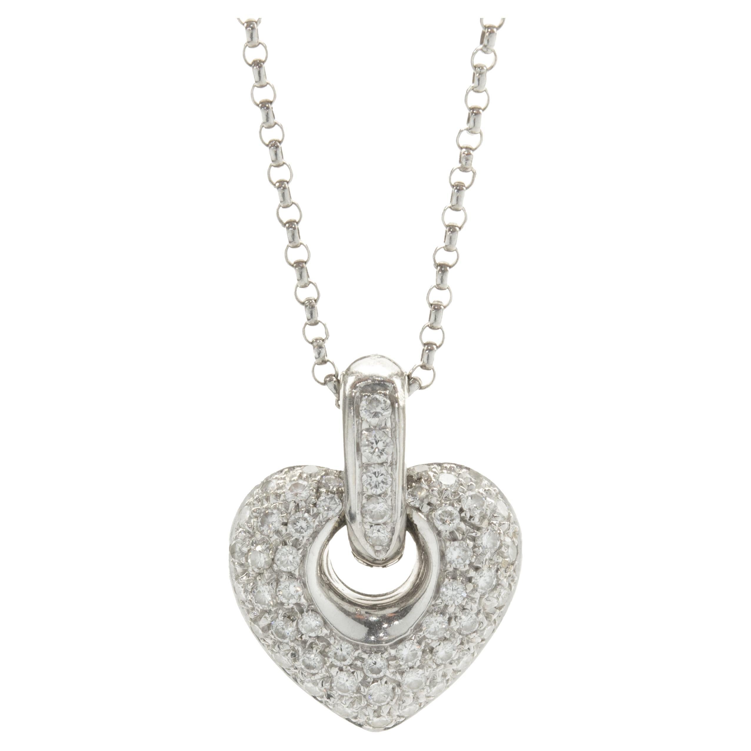 14k White Gold Pave Diamond Heart Pendant Necklace For Sale
