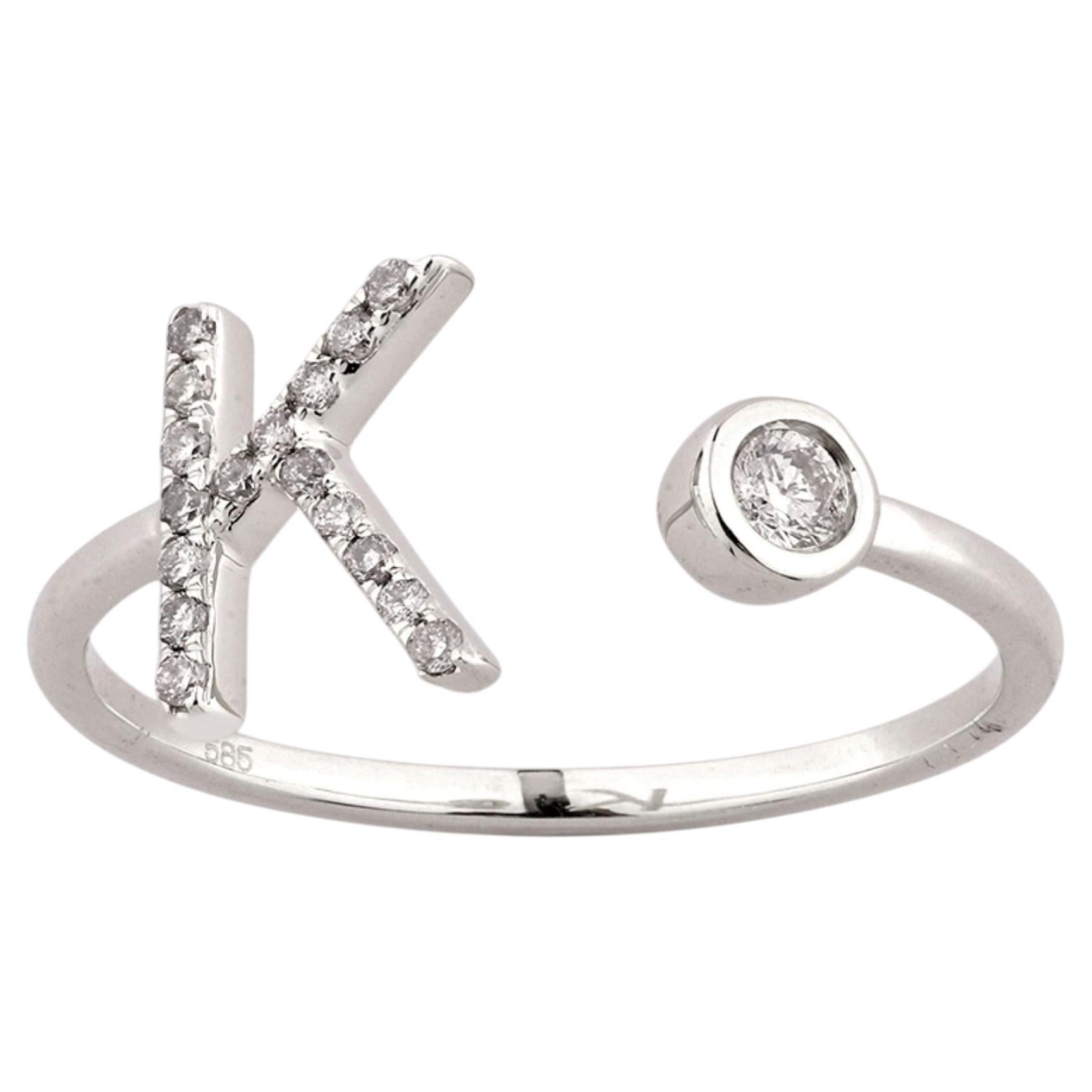 14K White Gold Pave Diamond Initial "K" Open Bypass Ring
