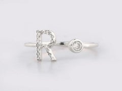 14K White Gold Pave Diamond Initial "R" Open Bypass Ring