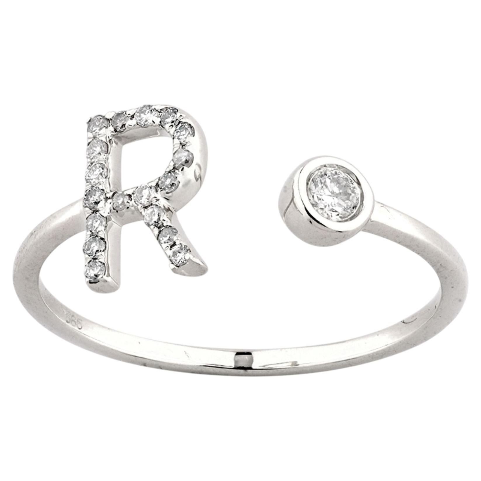 14K White Gold Pave Diamond Initial "R" Open Bypass Ring For Sale
