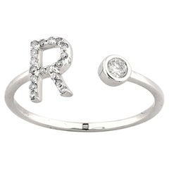 14K White Gold Pave Diamond Initial "R" Open Bypass Ring