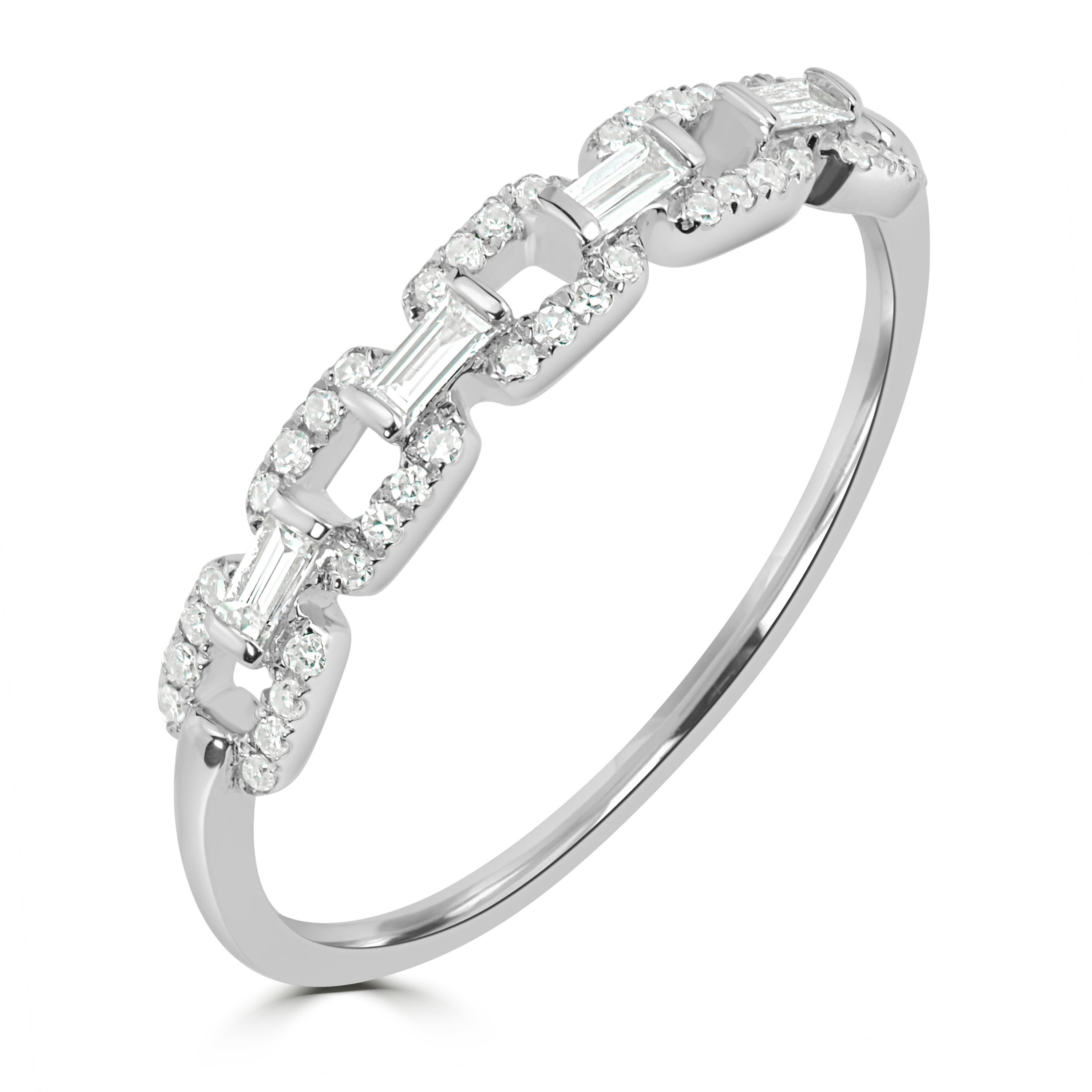 This Luxle Diamond Ring is a cocktail of 40 Round Single-Cut and 4 Baguette Full-Cut White Diamonds in micro pave and bar settings, respectively. The total weight of the diamonds is 0.23 cwt in this pave diamond jewelry that is the ideal Mother’s