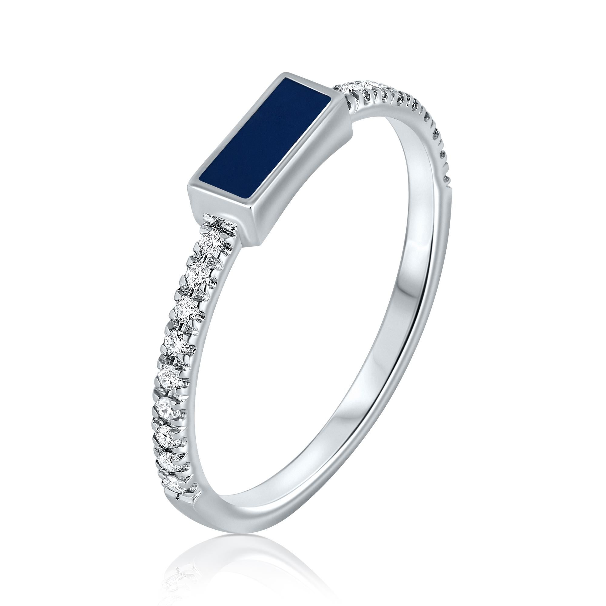 For Sale:  14K White Gold Pave Diamond Navy Blue Enamel Rectangle Ring, Shlomit Rogel 2