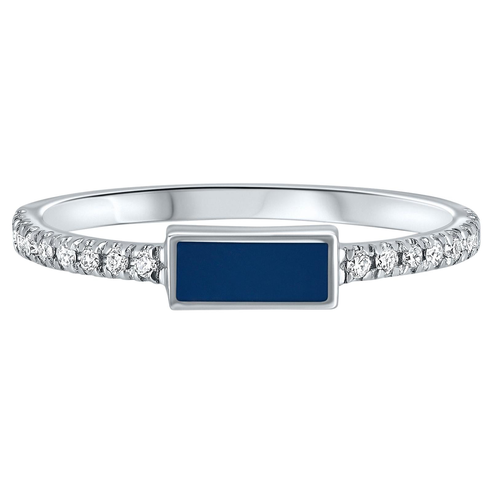 For Sale:  14K White Gold Pave Diamond Navy Blue Enamel Rectangle Ring, Shlomit Rogel