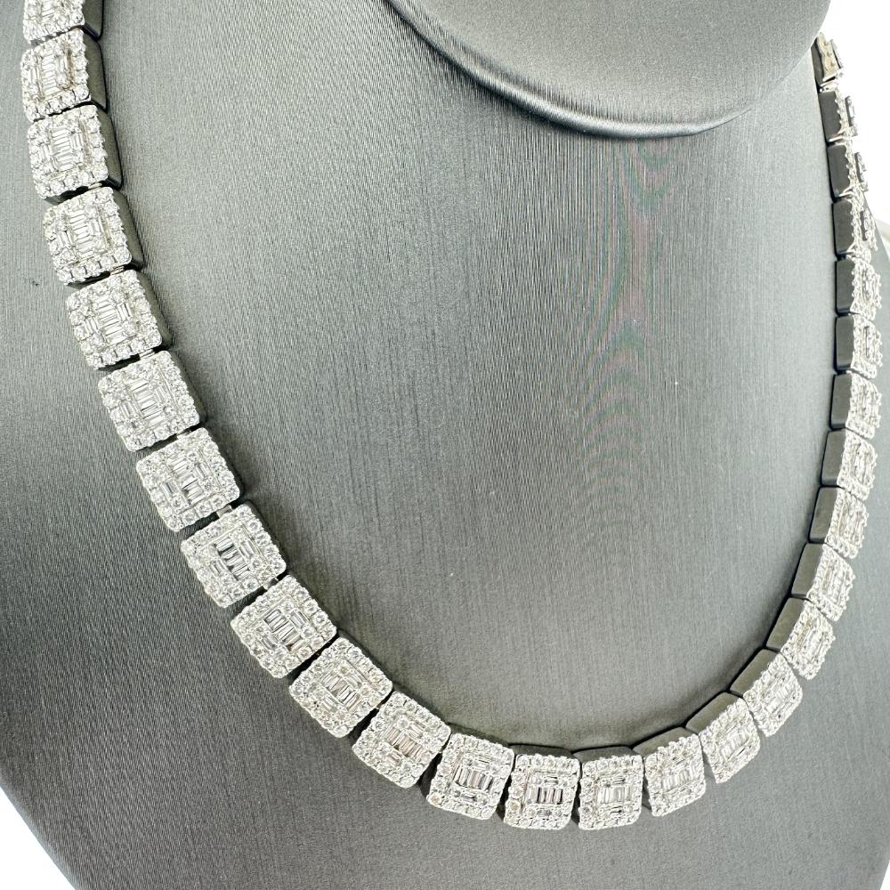 Baguette Cut 14k White Gold Pave Diamond Necklace Approx. 33CTW For Sale