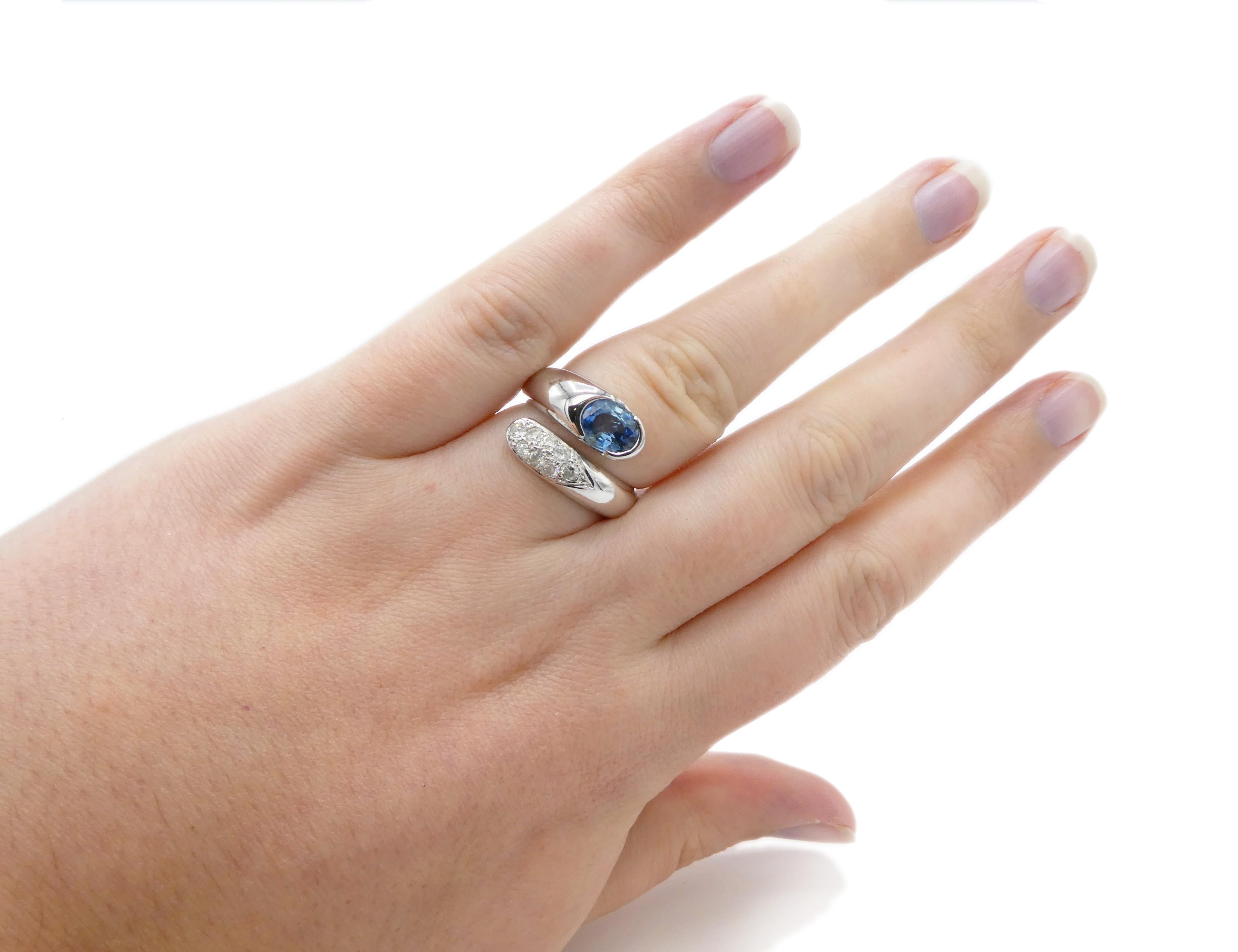 14 Karat White Gold Pave Diamond and Oval Blue Sapphire Bypass Cocktail Ring 1