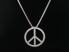 14k White Gold Pave Diamond Peace Sign Circle Slide Pendant Snake Chain Necklace