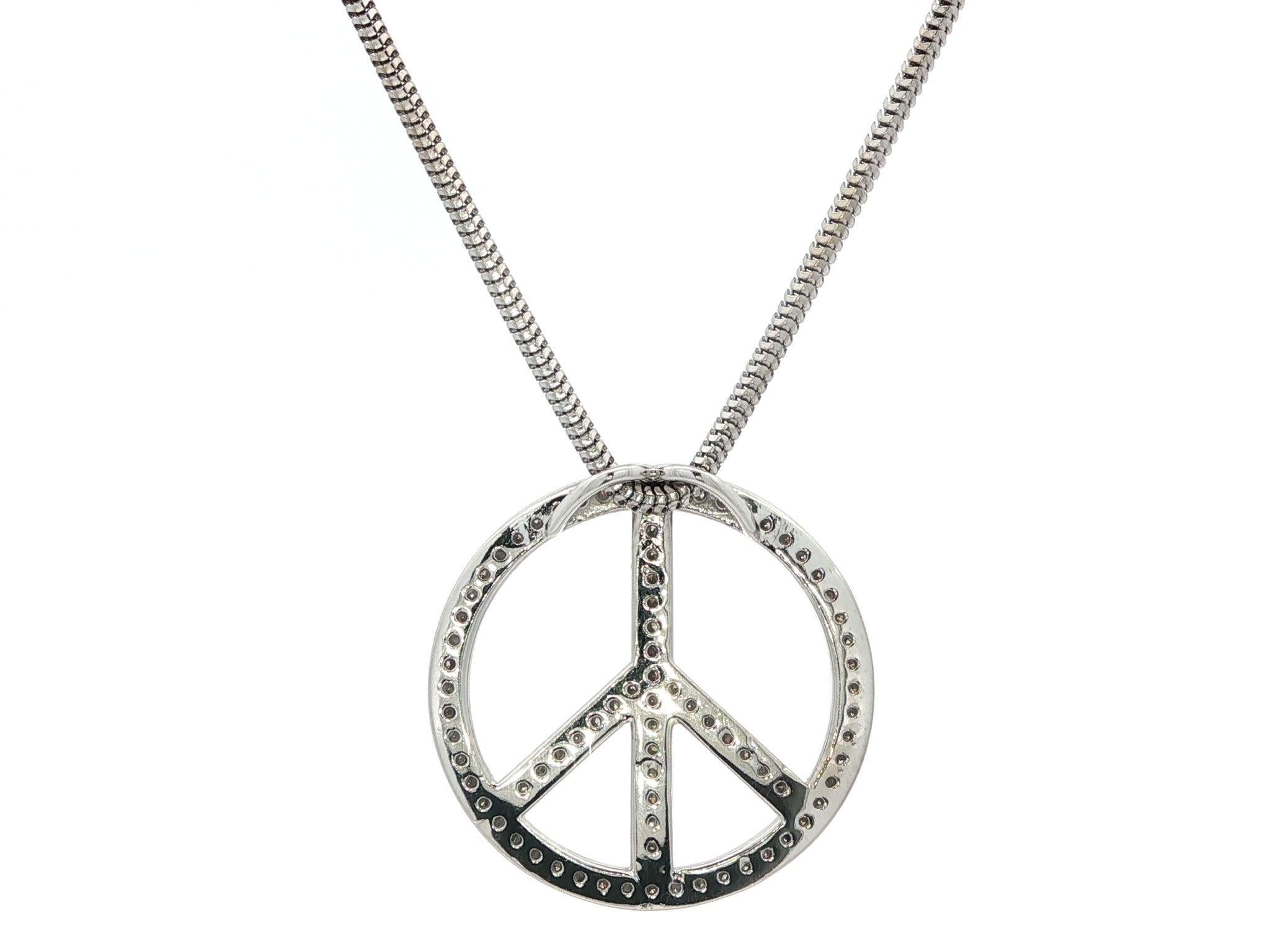Collana con catena a serpente in oro bianco 14k con pavé di diamanti e segno di pace a forma di cerchio in vendita 1