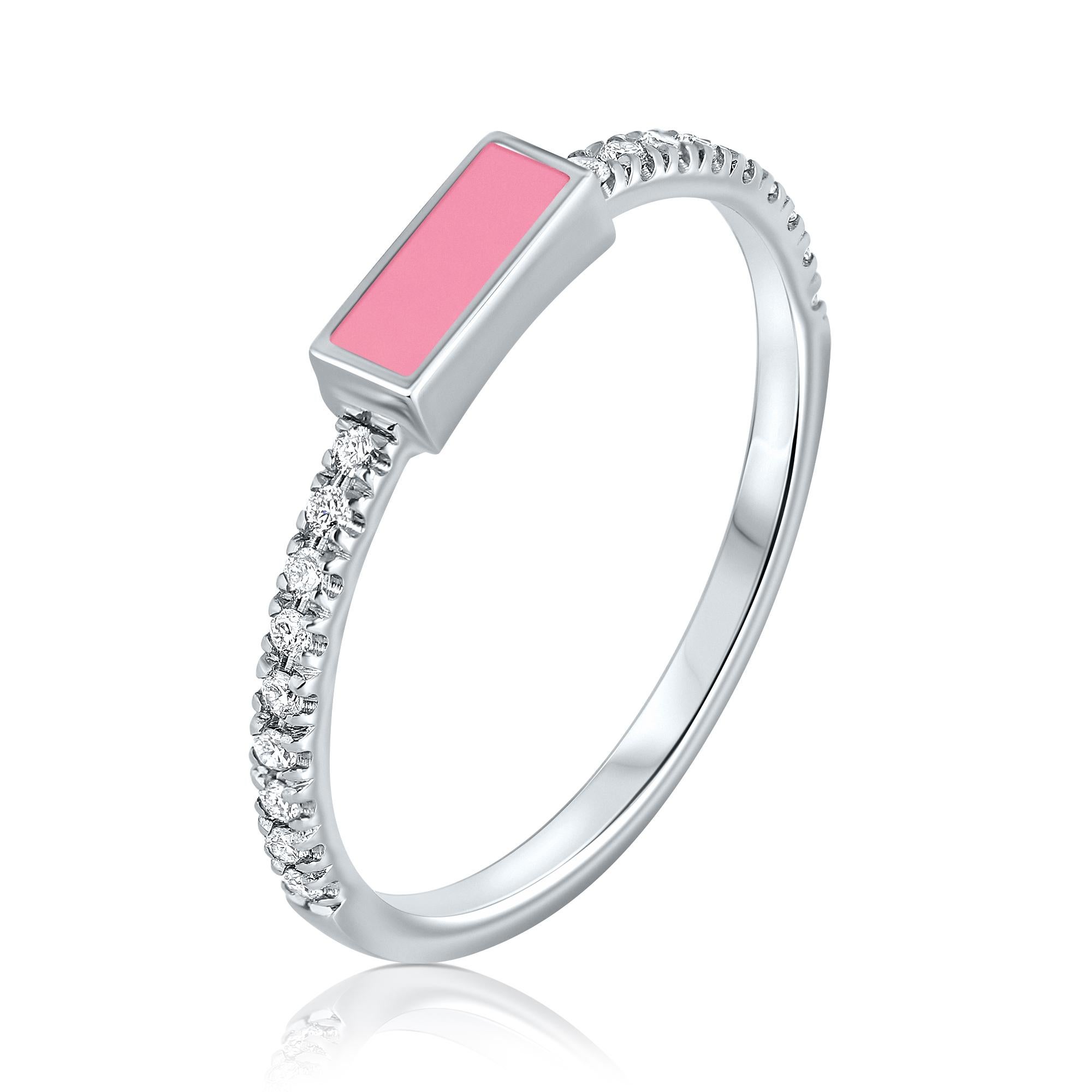 For Sale:  14K White Gold Pave Diamond Pink Enamel Rectangle Ring, Shlomit Rogel 2