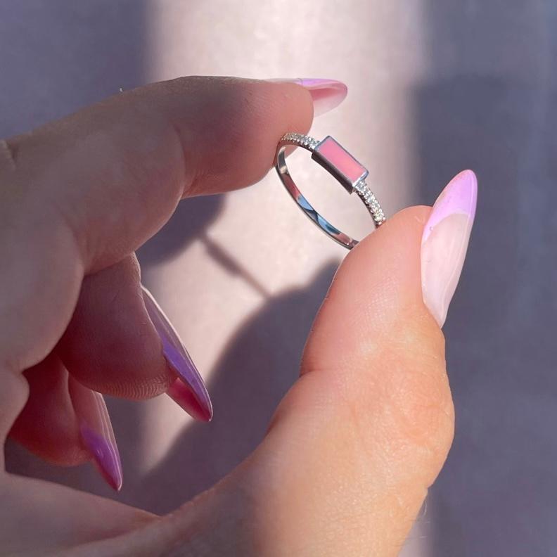For Sale:  14K White Gold Pave Diamond Pink Enamel Rectangle Ring, Shlomit Rogel 5